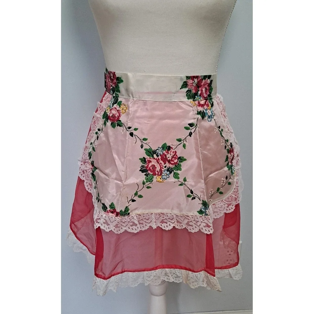 Vintage Apron 1950's Style Half Apron Floral Sheer Lace